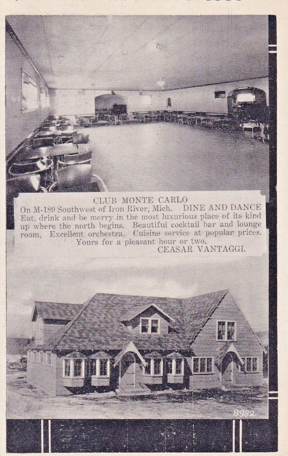 Postcard MI Iron River Michigan Club Monte Carlo M189 Ceasar Vantaggi  H20