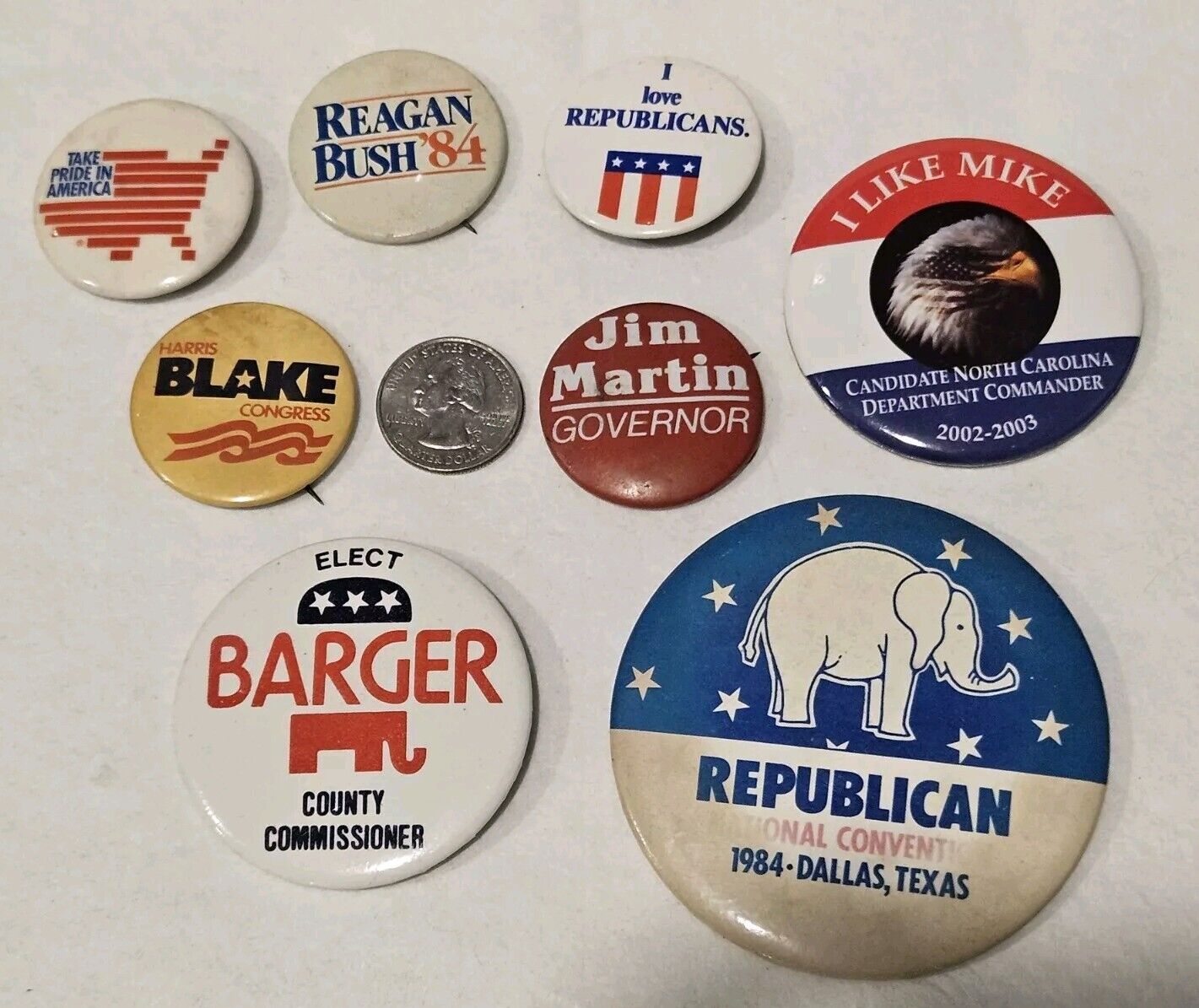 8 Vintage Republican Pins- RNC 1984, Reagan Bush 84 And More