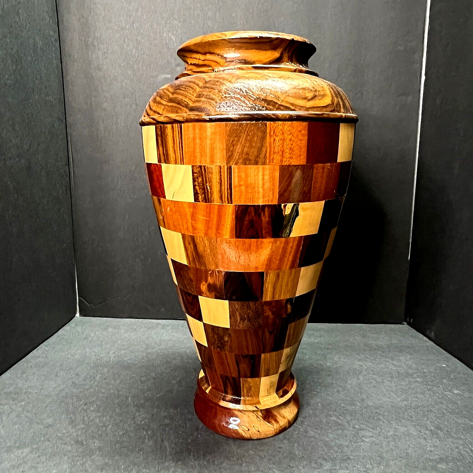 Segmented Wood Vase Large 14.5 inch Hand Crafted Multi-Wood & Color