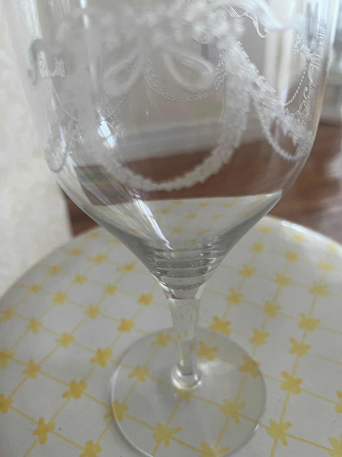 Vintage Etched Glass  SWAG RIBBON and Bows Garland  Wine Glass