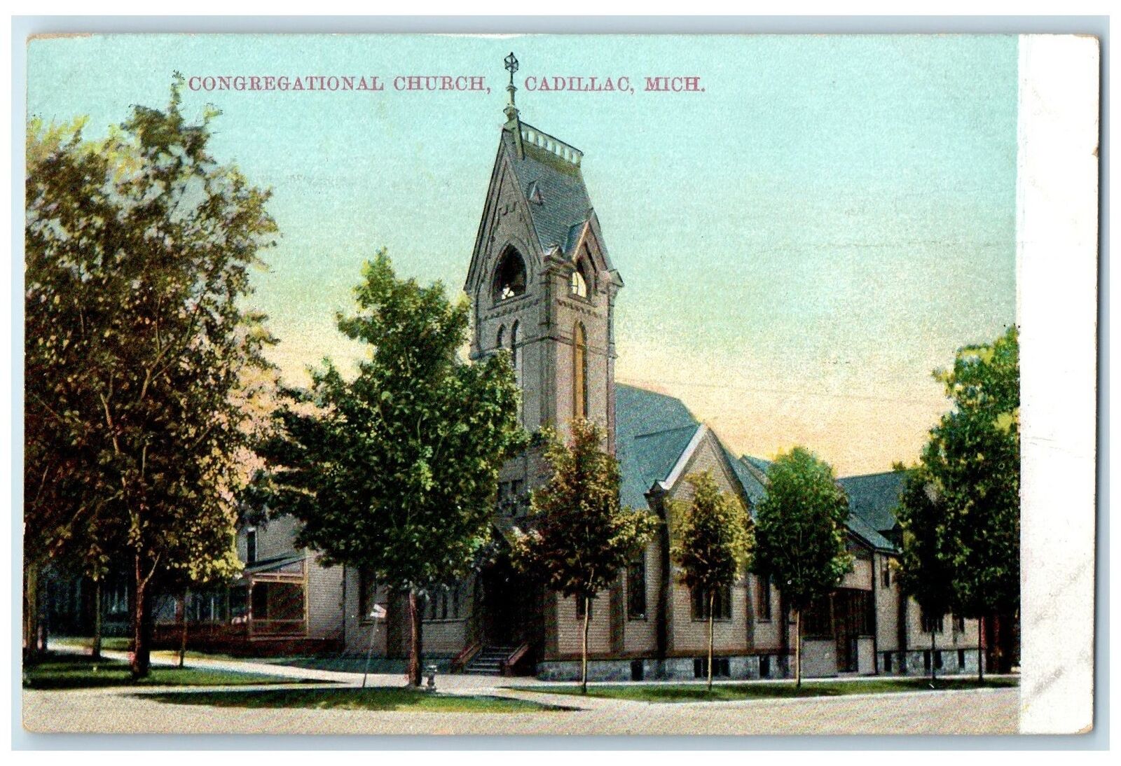 1911 Congregational Church Exterior Roadside Cadillac Michigan MI Trees Postcard