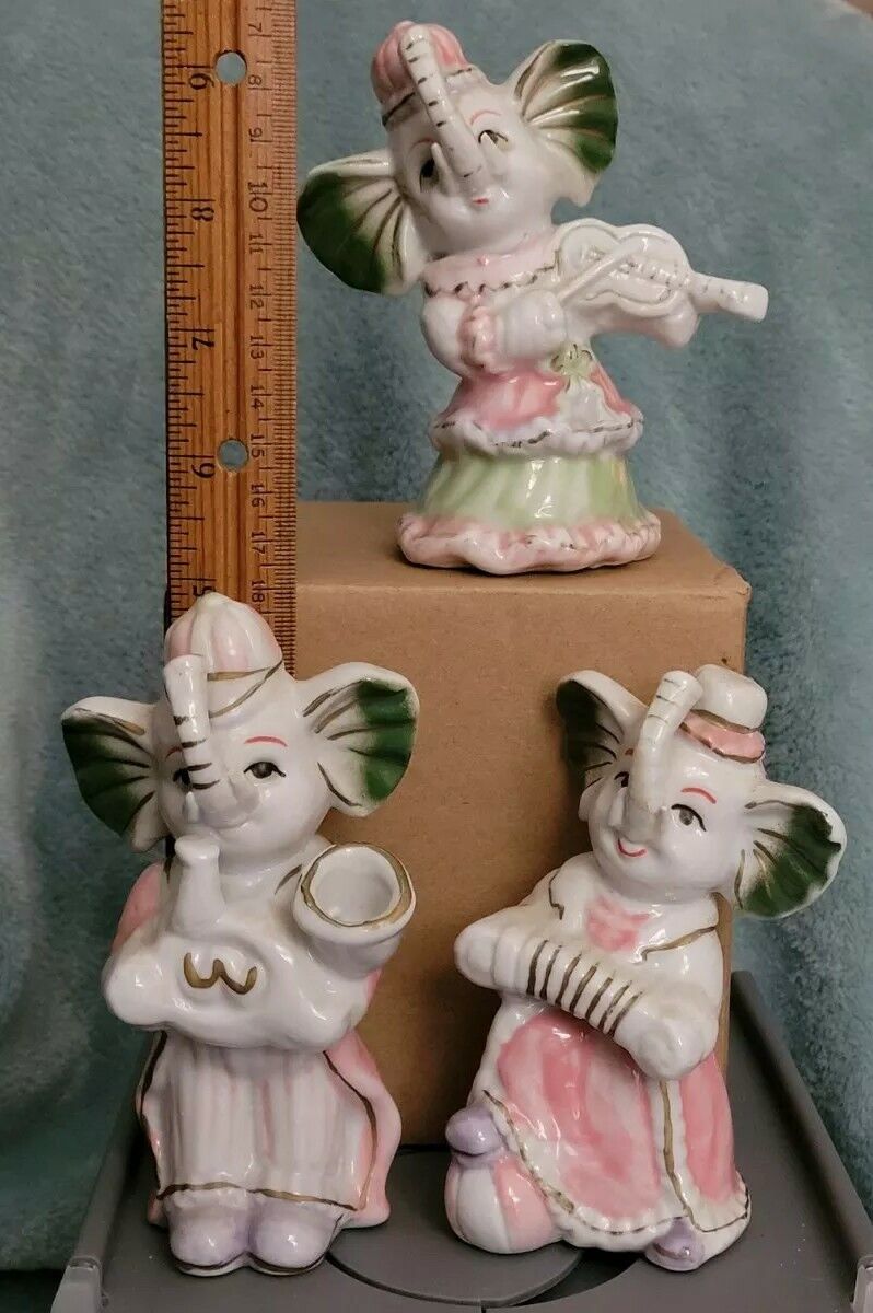 Vintage 3 ELEPHANTS IN CLOTHES PLAYING MUSICAL INSTRUMENTS ceramic figurines