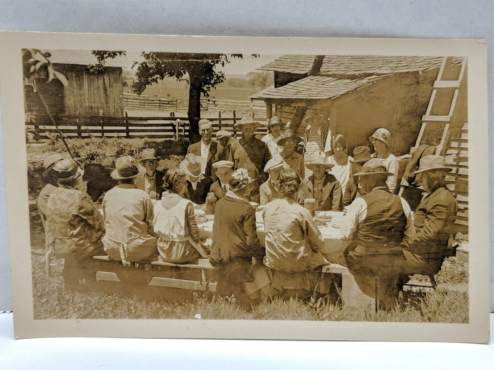 Antique RPPC Real Photo Postcard Family Meal Gathering Homestead 1920's