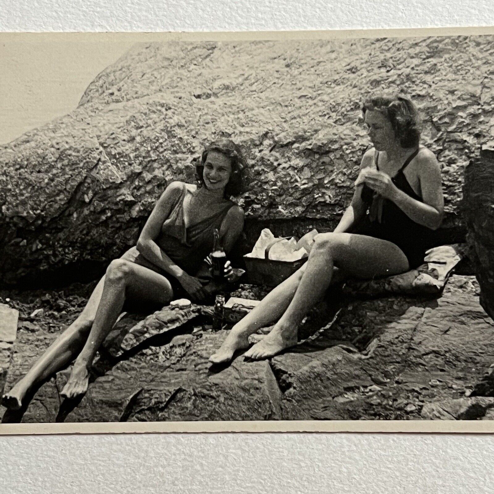 Vintage B&W Snapshot Photograph Beautiful Young Women Having Picnic Long Legs