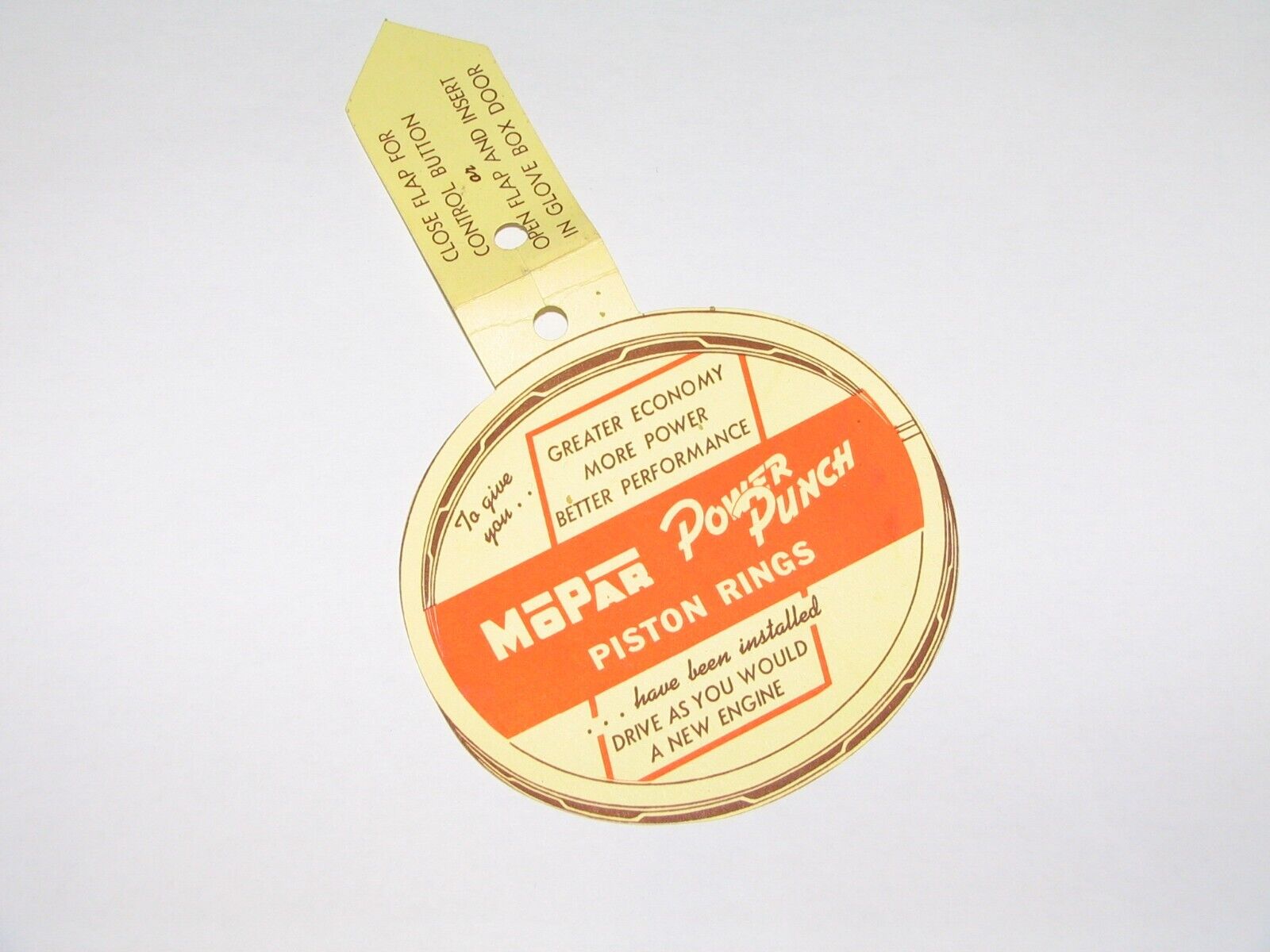 NOS Original 1930s-1950s MOPAR Power Punch Piston Rings Dash or Glove Box Tag
