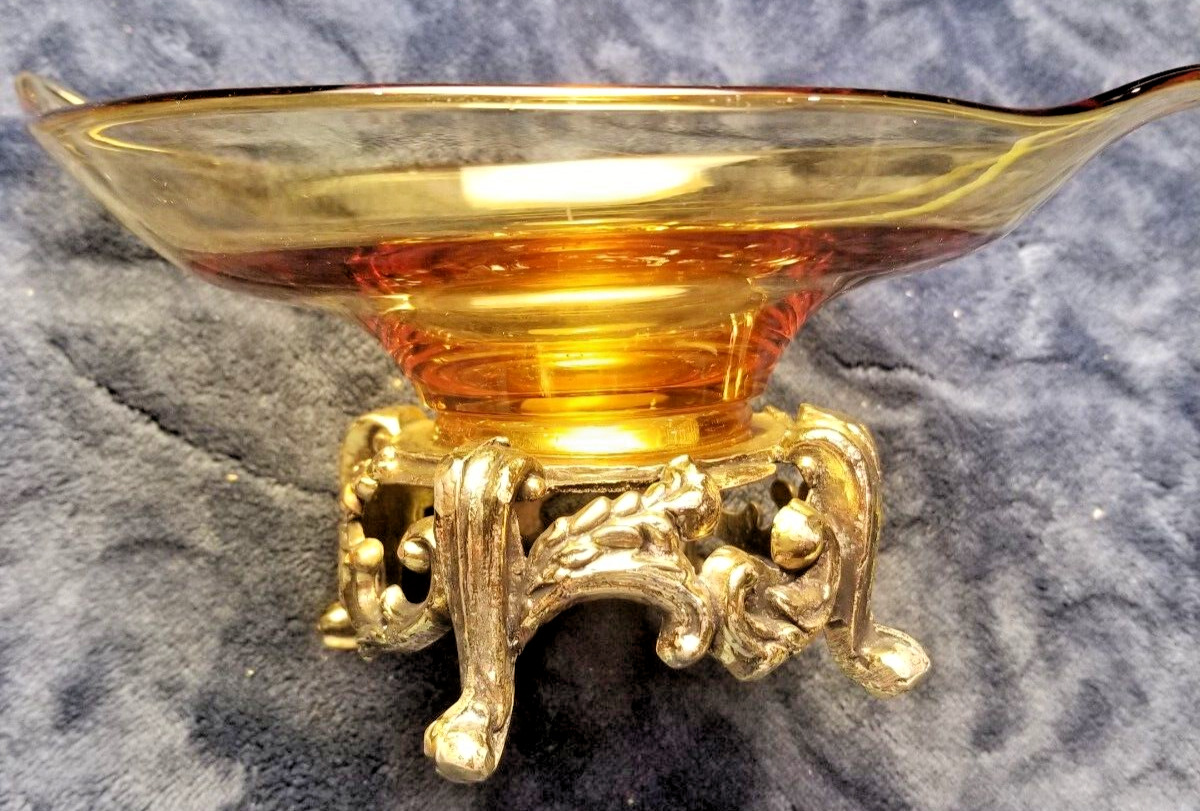 Vintage Mid Century Diamond Shape Amber Glass Bowl Ornate Brass Pedestal Base
