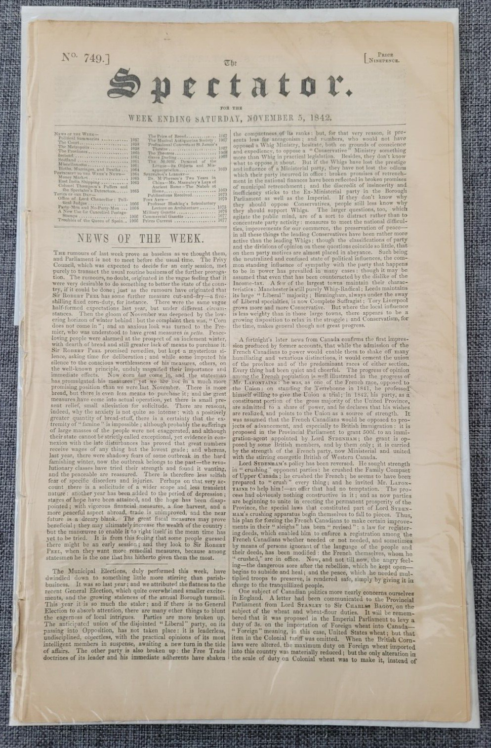 THE SPECTATOR 5TH NOV 1842 ORIGINAL NEWSPAPER