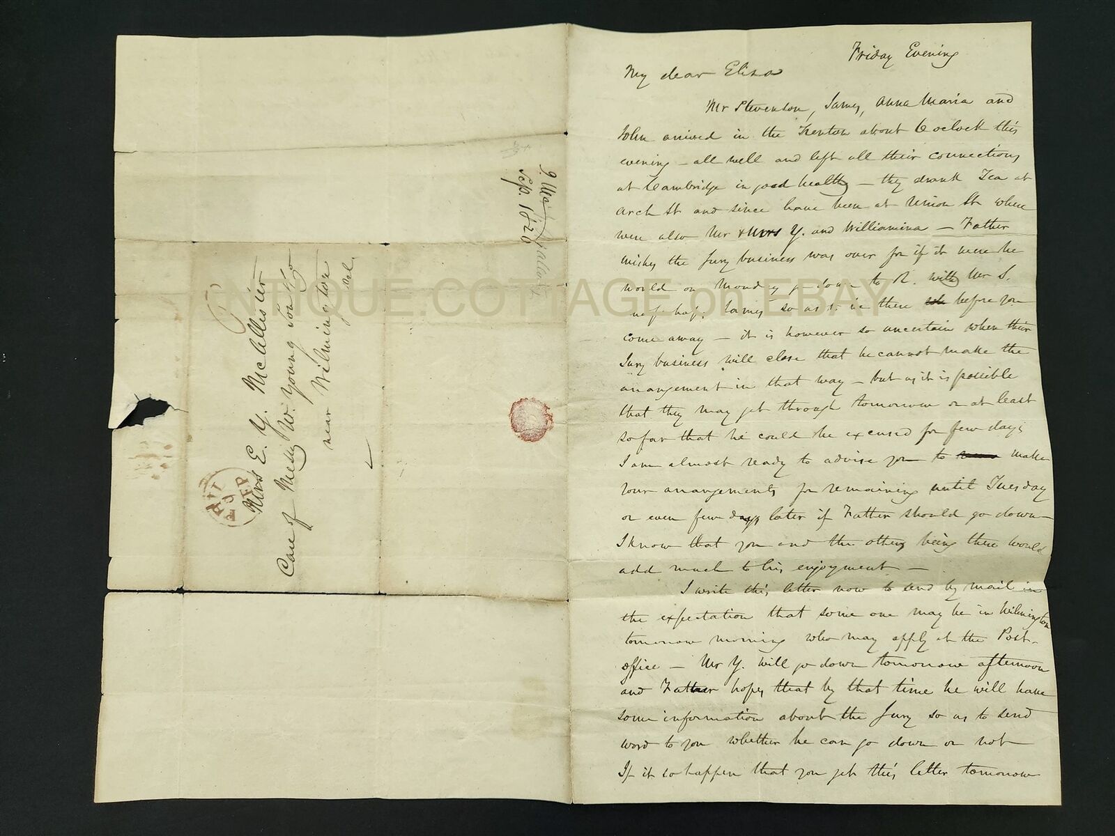 1836 antique STAMPLESS COVER LETTER near wilmington de McALLISTER to wife