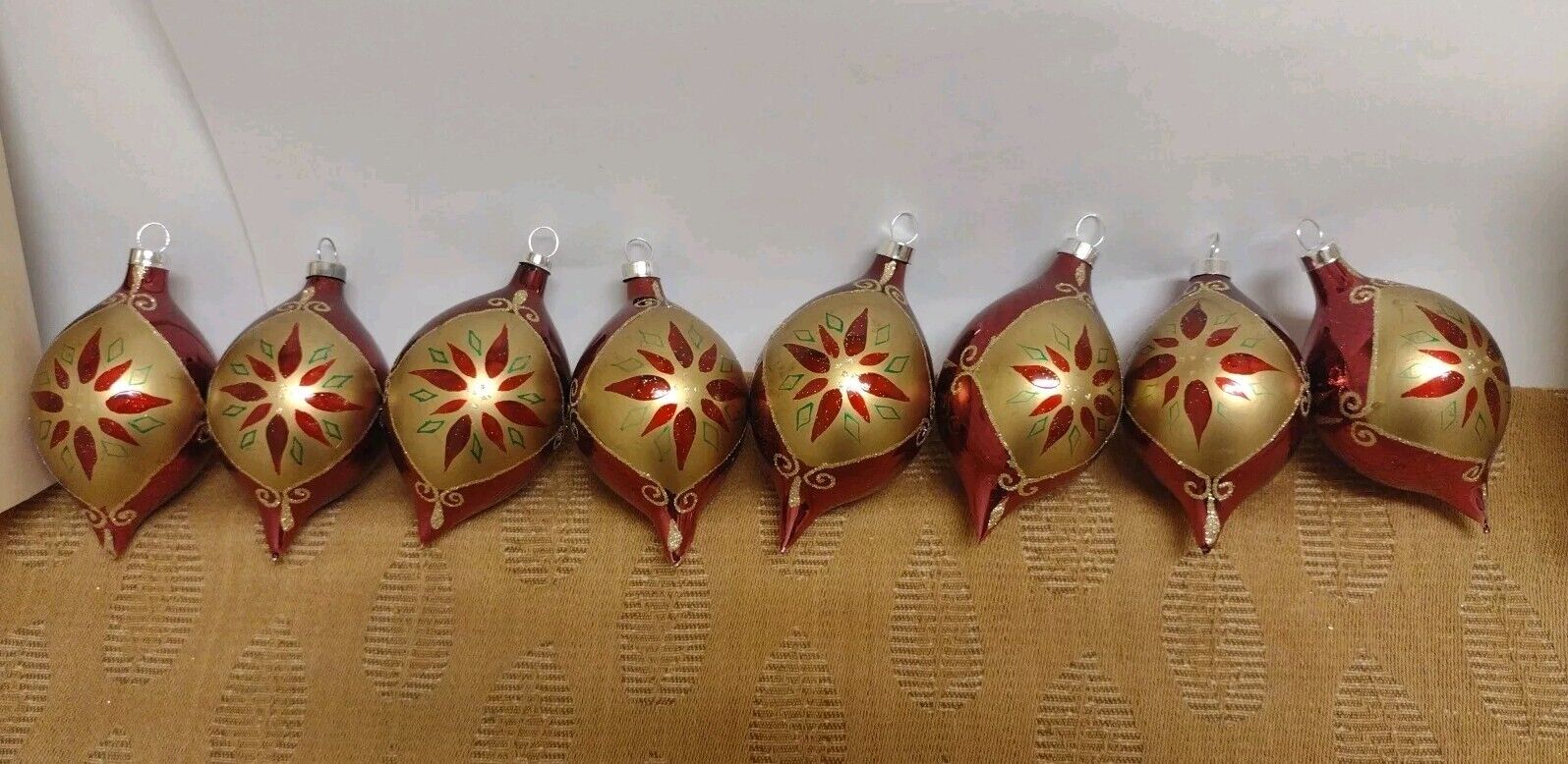 Vintage 8  Hand Decorated Glass Christmas Tree Ornaments Bradford  Boxed 