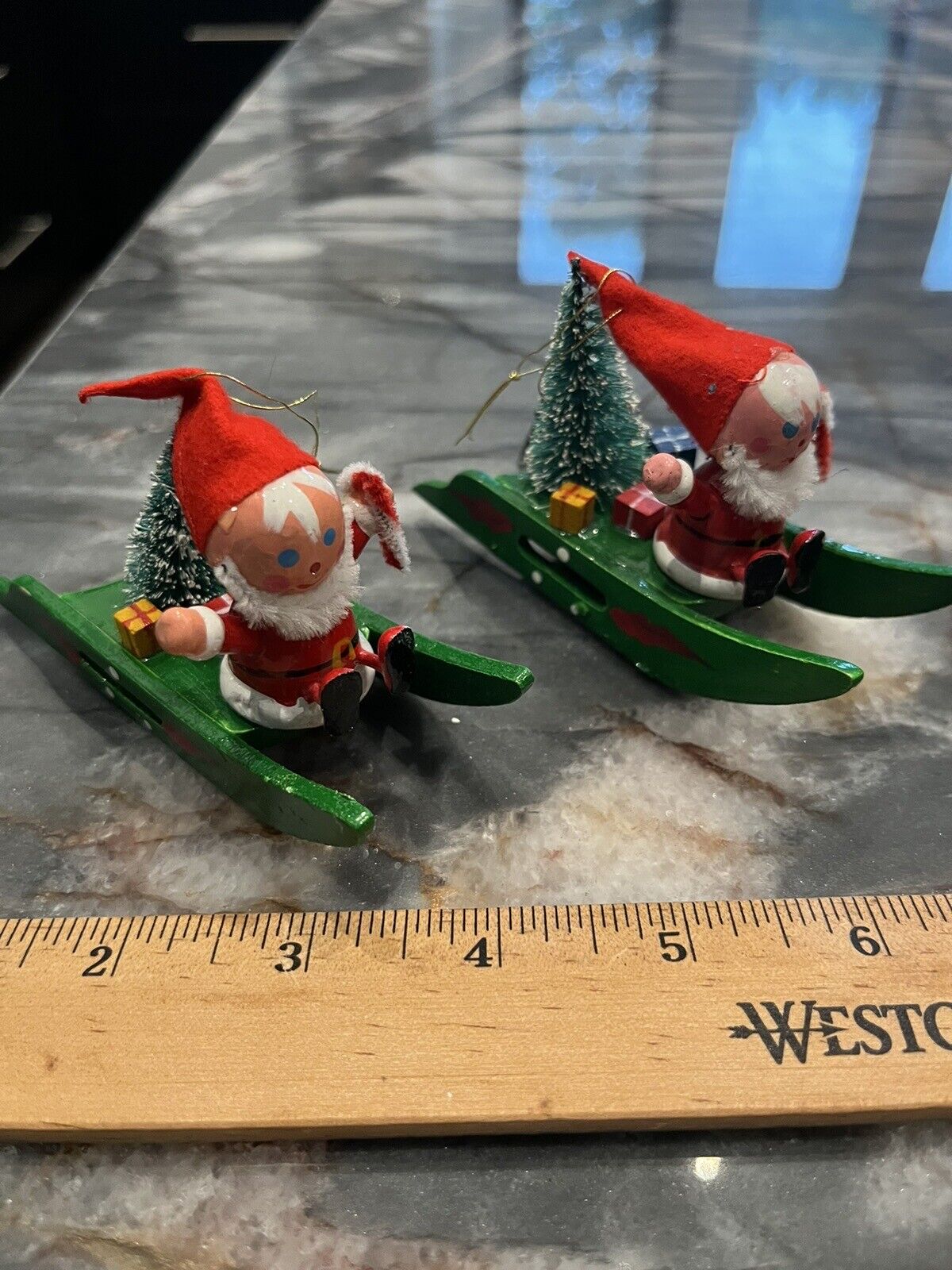 Vintage Pair of Santa on Sleigh Wooden Holiday Ornaments g2