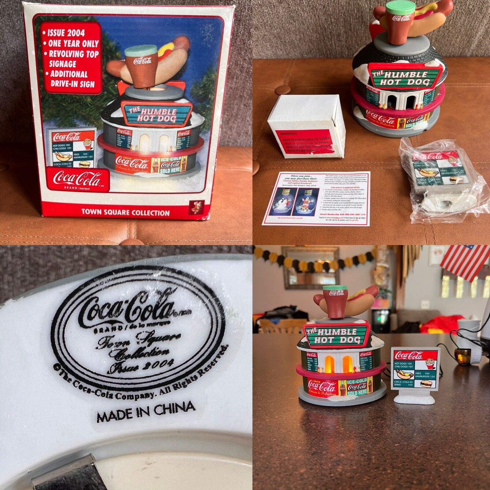 Vtg 2004 Coca Cola The Humble Hot Dog TOWN SQUARE COLLECTION W/ Box Working Xmas