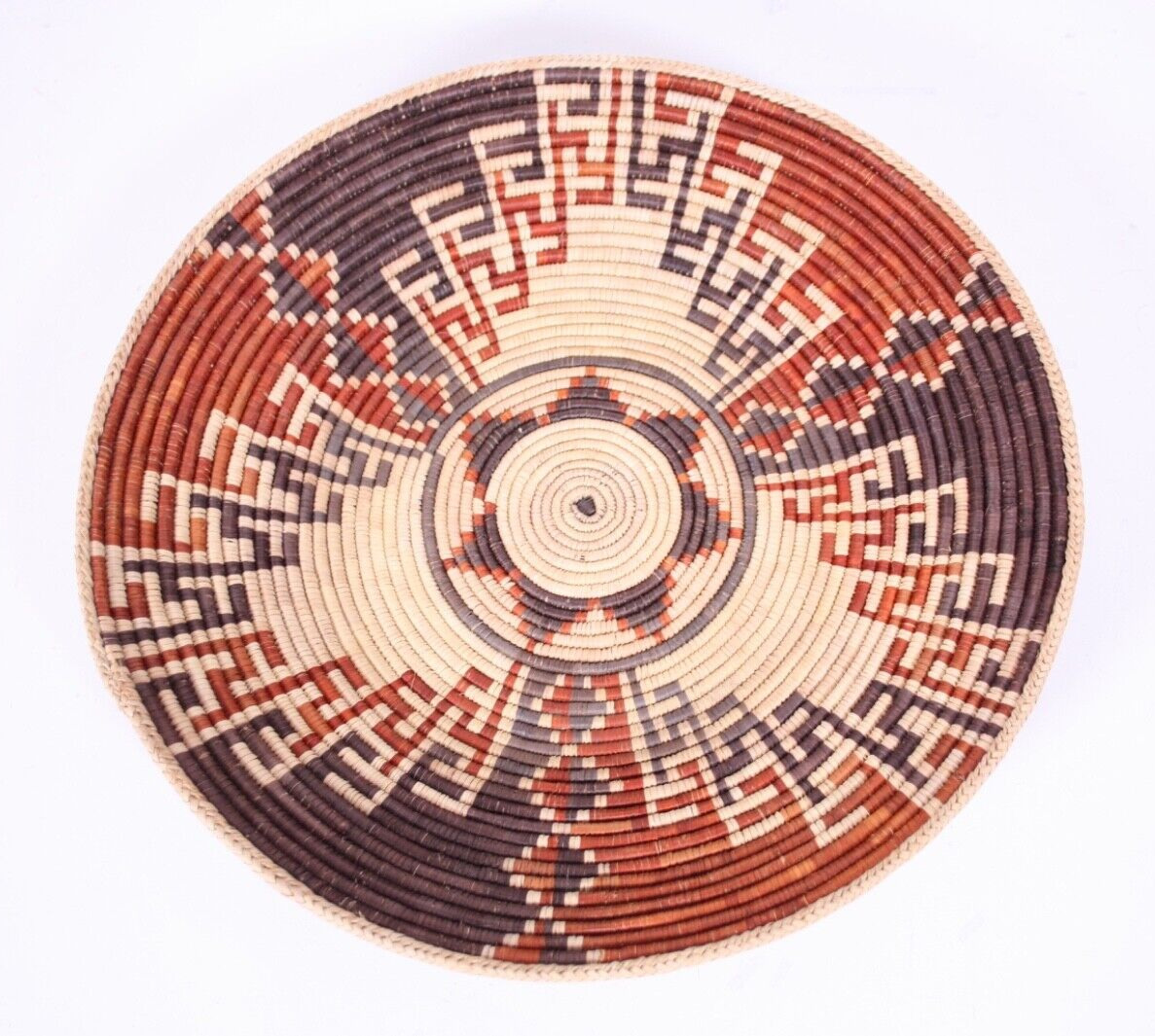 Hand Woven Lg Tribal Design 14.5” Geometric Multi Color Grass Coil Basket Bowl