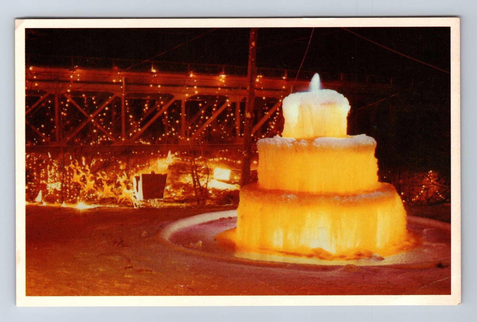 Ludlow Falls OH-Ohio, Christmas Lighting on Fountain, Vintage Souvenir Postcard