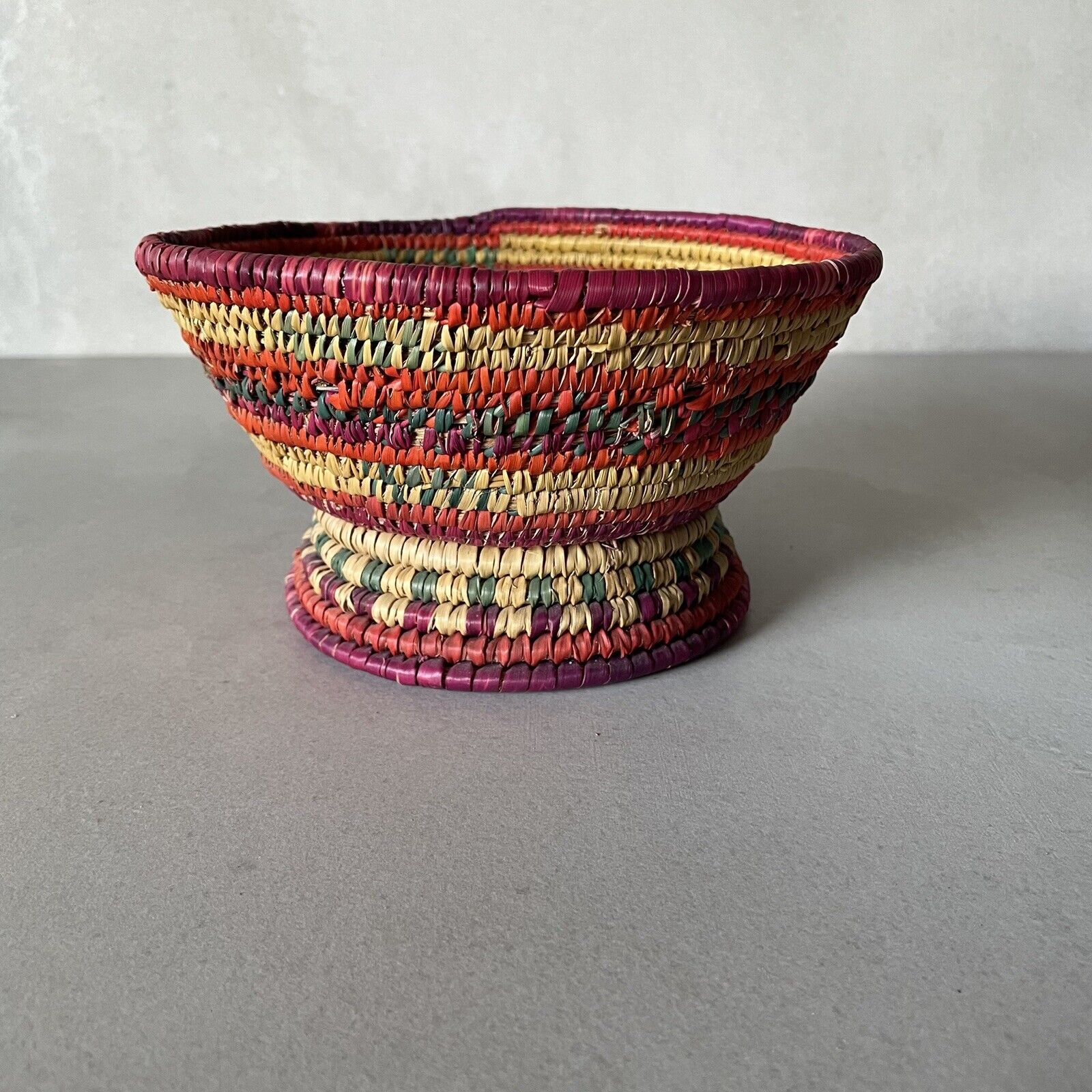 Vintage Handcrafted Woven Braided Multicolor Pedestal Bowl/Basket Bohemian Style