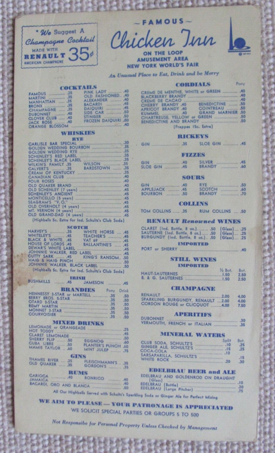1939 Famous Chicken Inn Menu New York World’s Fair