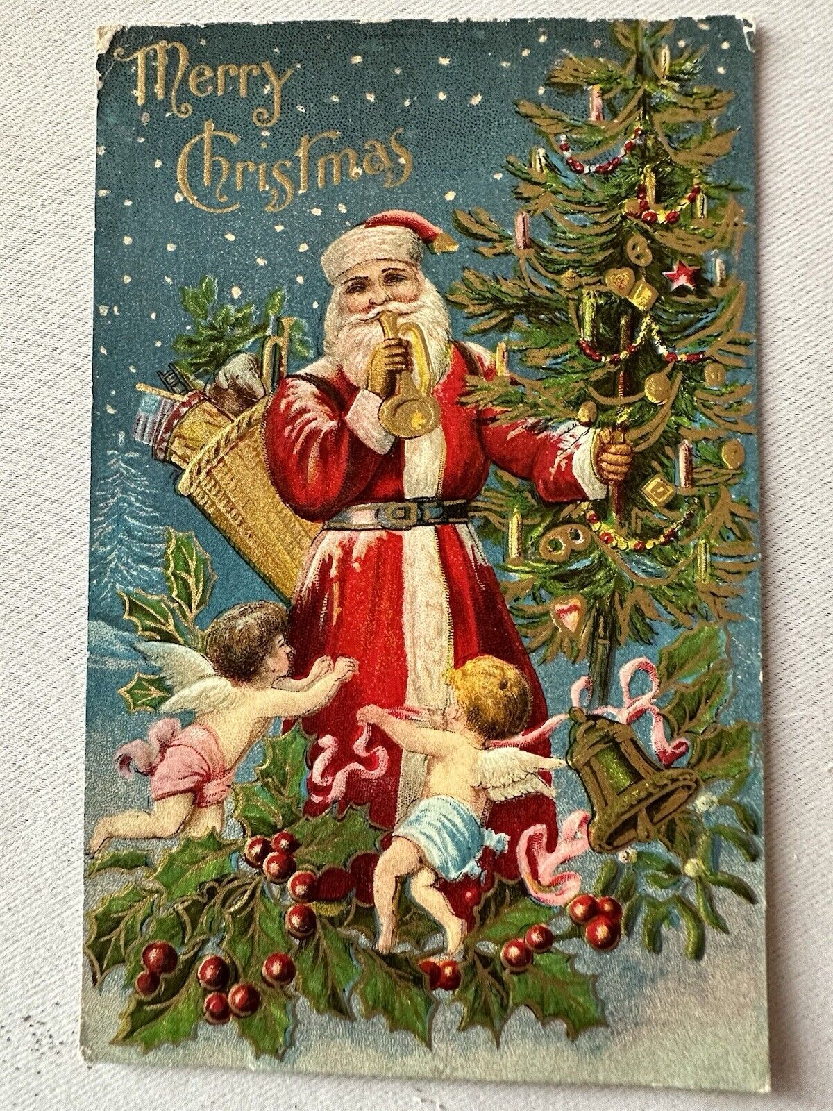 Vintage Christmas Postcard Red Santa Claus With Cherubs Chromolithograph