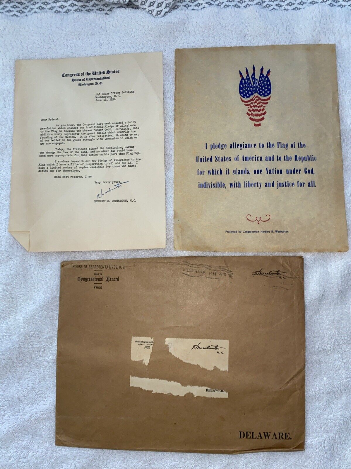 VTG  1954 Congress Letter Announced Adding “under God” To Pledge Of Allegiance