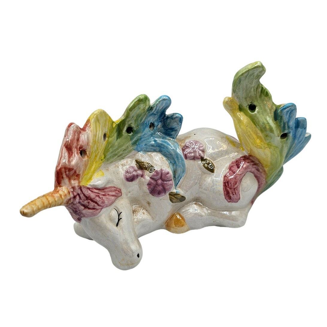 Vintage 1990s Hand painted Ceramic Unicorn Figurine Sleeping Rainbow Colors