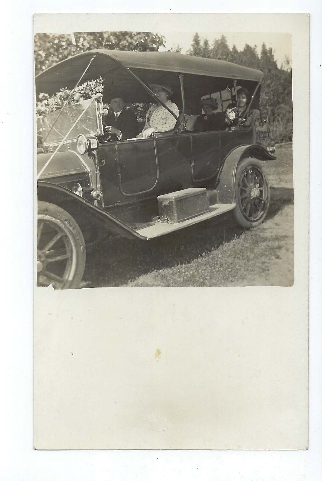Antique Cadillac with Flowers RPPC Postcard Family Ladies in Hats c1912