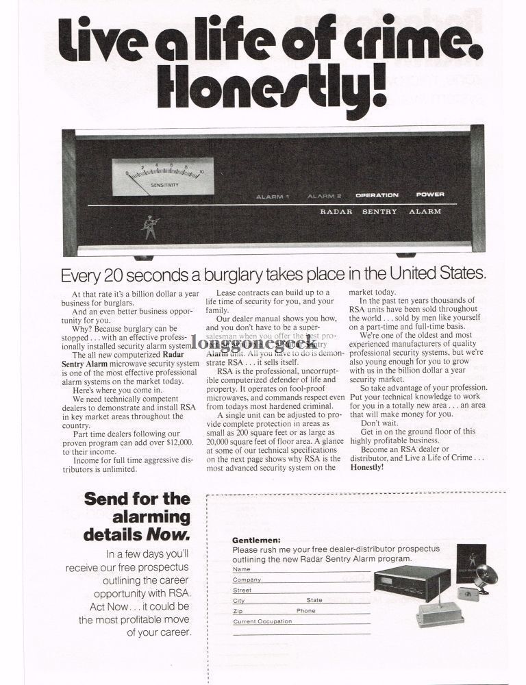 1974 Radar Sentry Alarm Burglar Detection Vintage Ad 