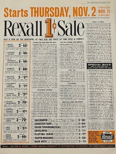 1961 Original Vintage Rexall Pharmacy Medicine Sale Penny Advertisement Ad