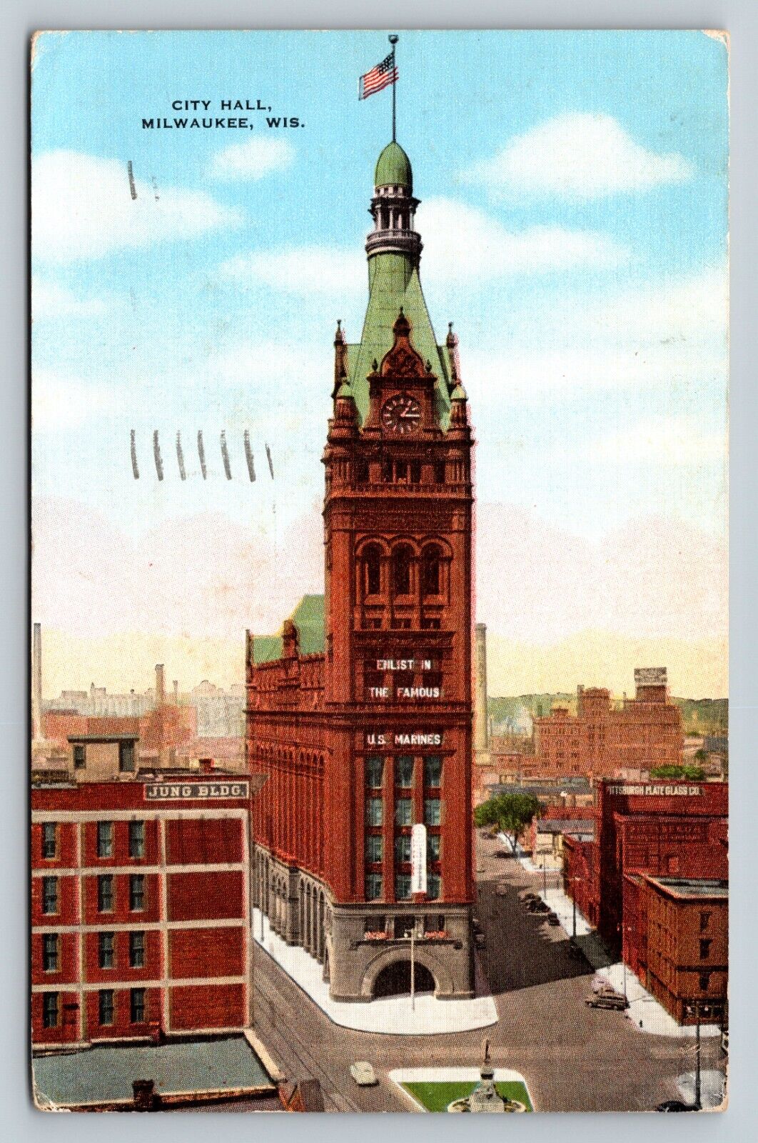 City Hall With US Flag Milwaukee, Wisconsin WI Vintage Postcard
