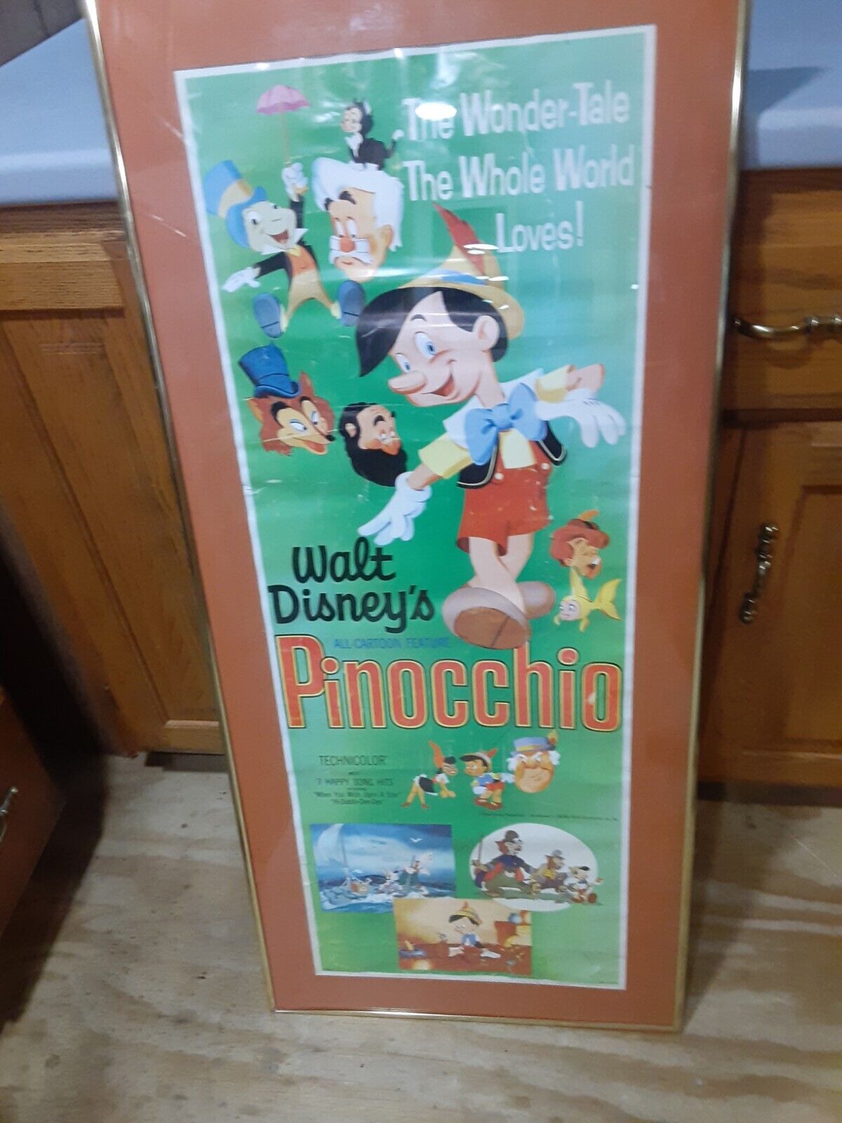 RARE 1962 WALT DISNEY PINOCCHIO MOVIE LITHOGRAPH FRAMED, MATTED,18 BY 40