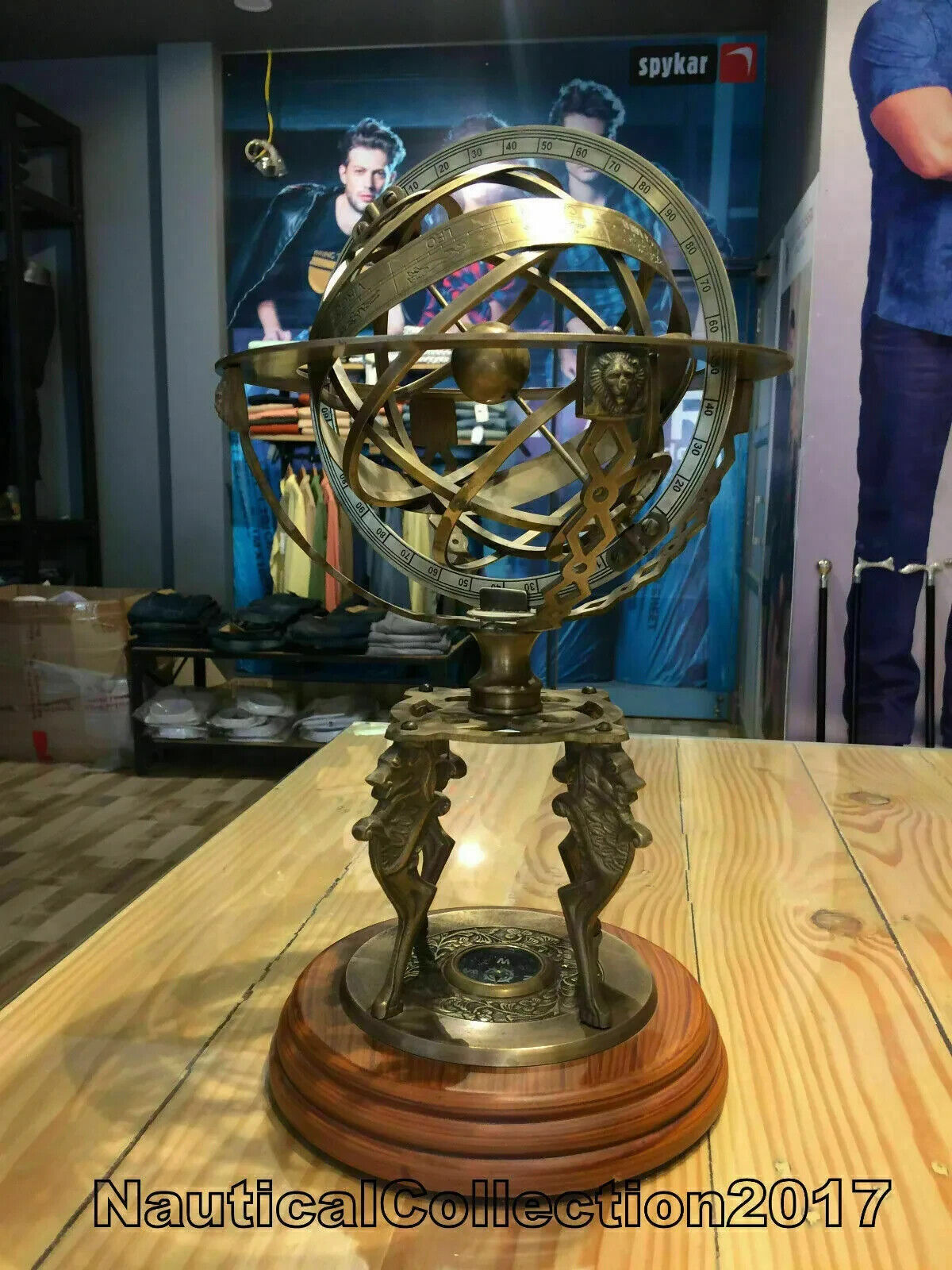 Lion Engraved Brass Armillary Sphere World Globe - Decor Item 18 Inches Large 