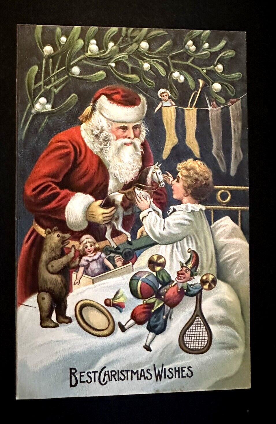 Santa Claus with Child~Teddy Bear~Toys~Antique Embossed Christmas Postcard~k713