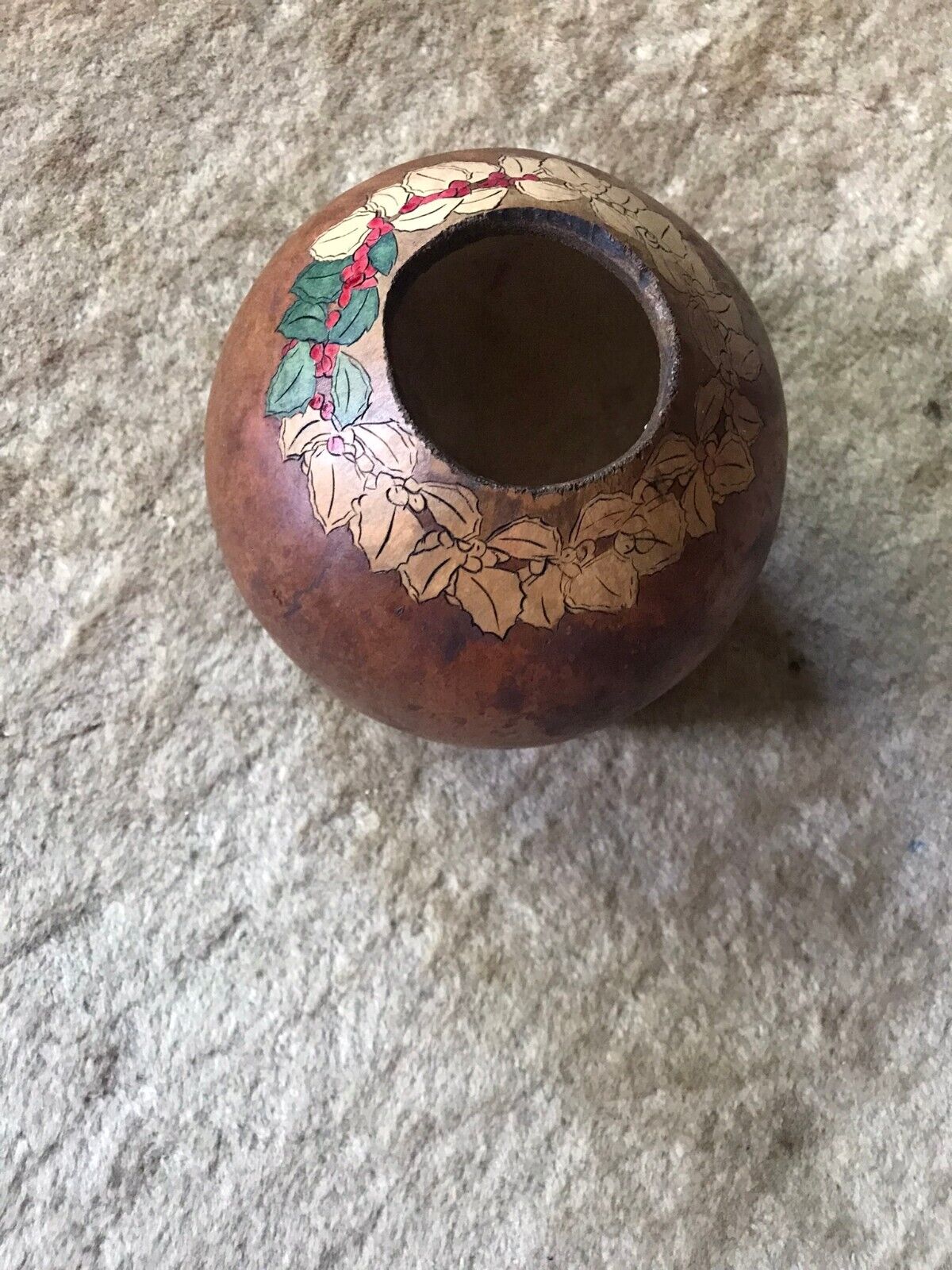 Vintage 1960s Peruvian Folk Art Hand Painted Carved Gourd Vase 5\