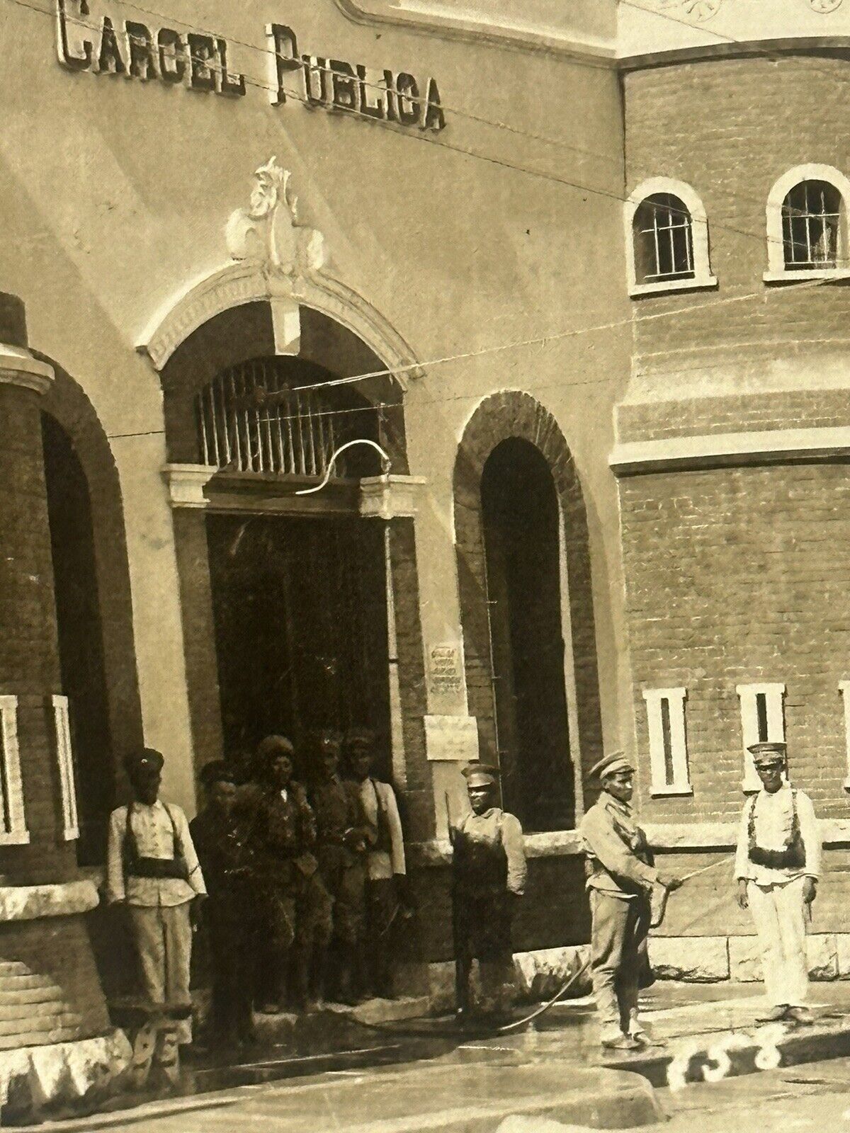 Juarez Mexico Postcard City Jail RPPC Photo Prison Guards Man Using Hose 1930s