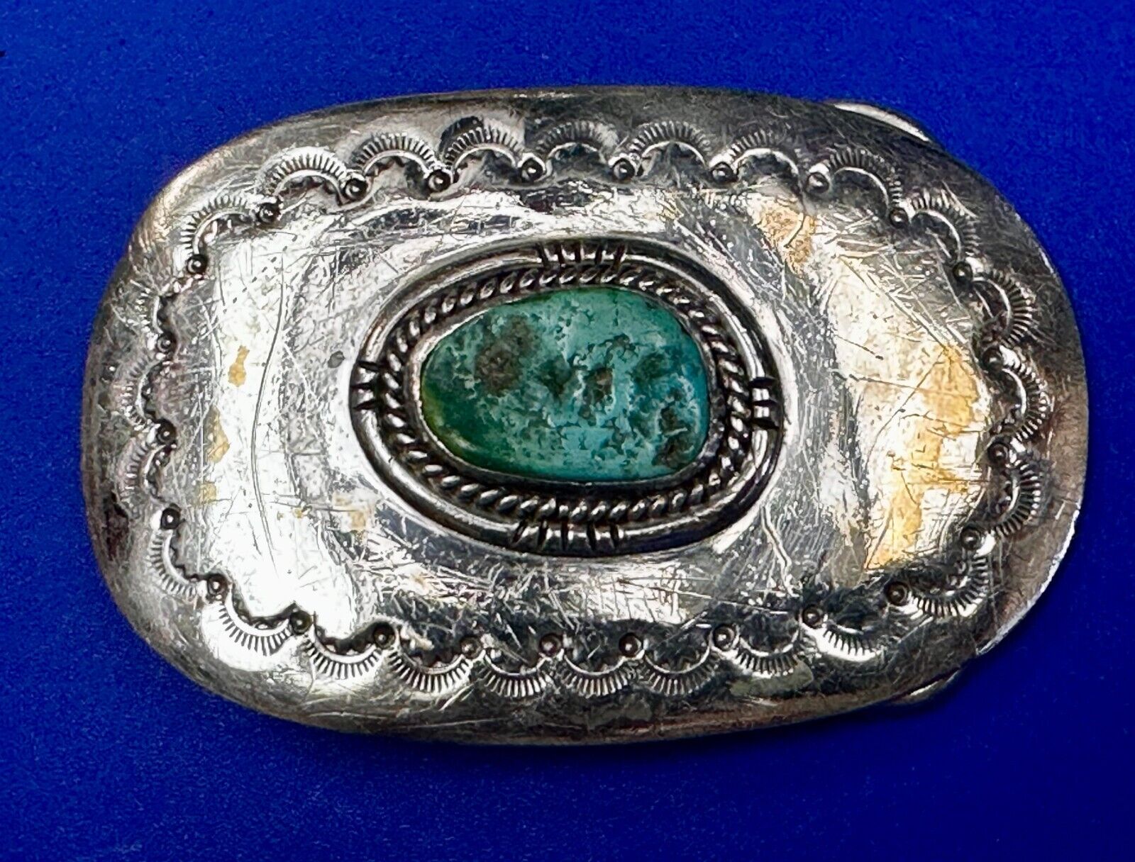 Vintage Green Turquoise Stone Native American Indian Art Silver Belt Buckle
