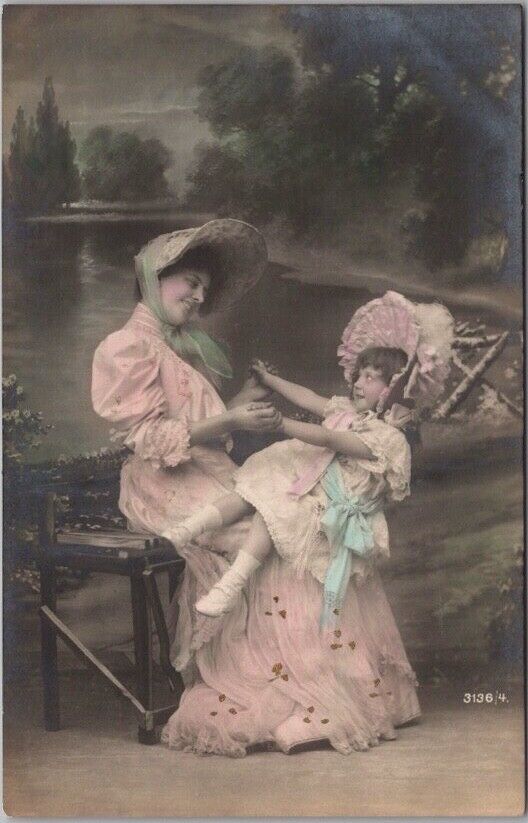 c1910s Tinted Photo RPPC Postcard Mother & Daughter / Pink Dresses in Bonnets