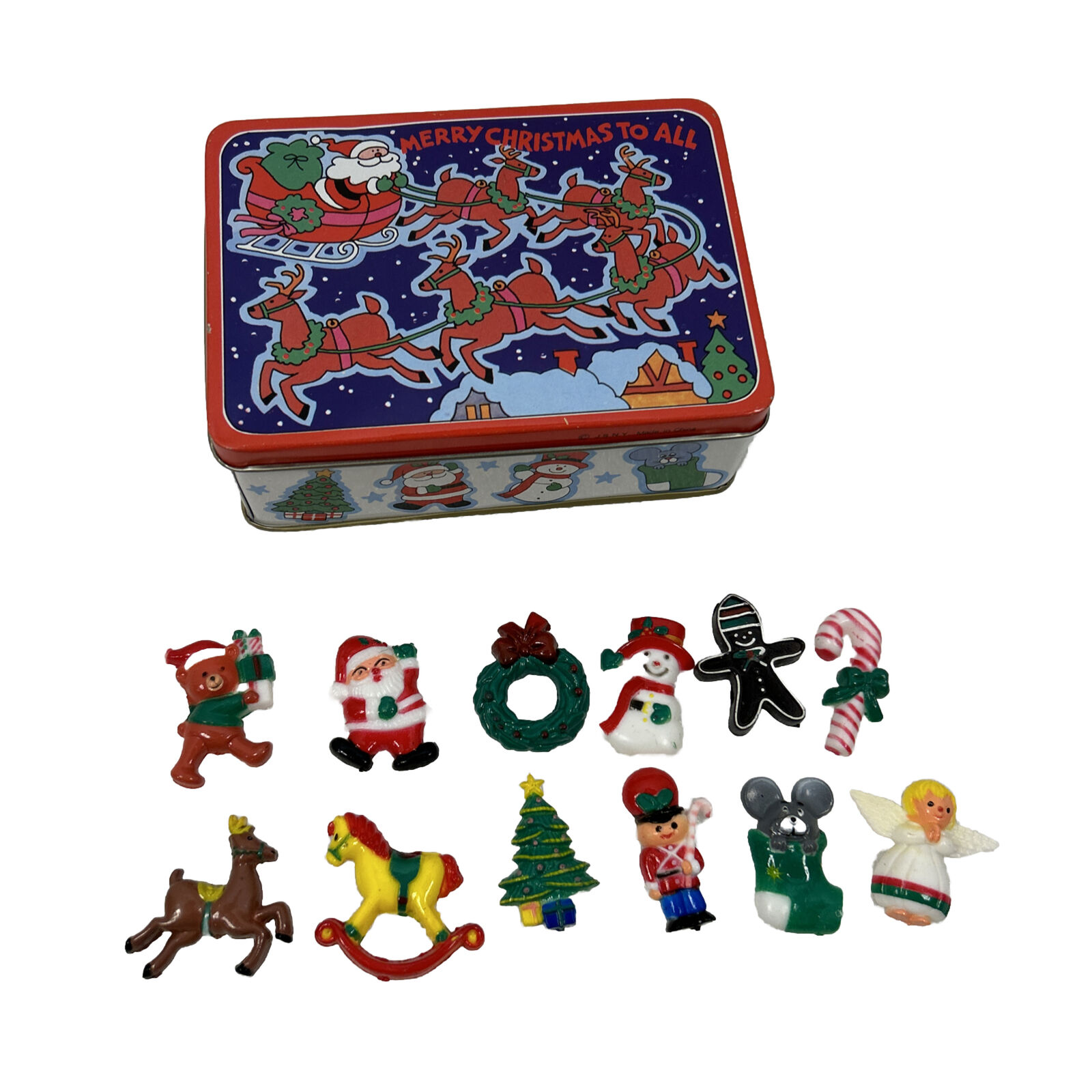 VTG J.S.N.Y. 12 Miniture Plastic Christmas Holiday Magnets With Original Tin Box