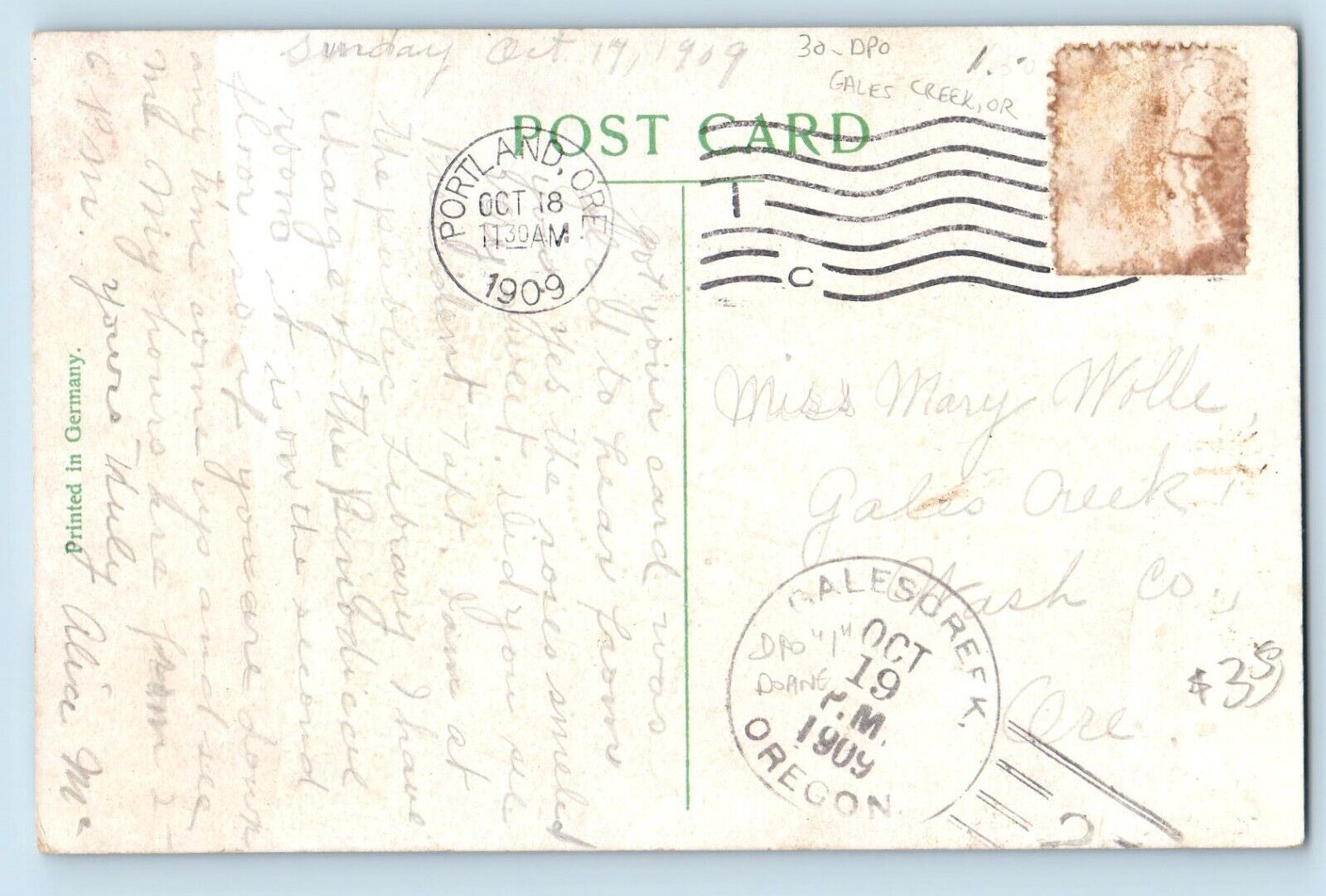 DPO Gales Creek Oregon OR Postcard Post Office Building 1909 Posted Antique