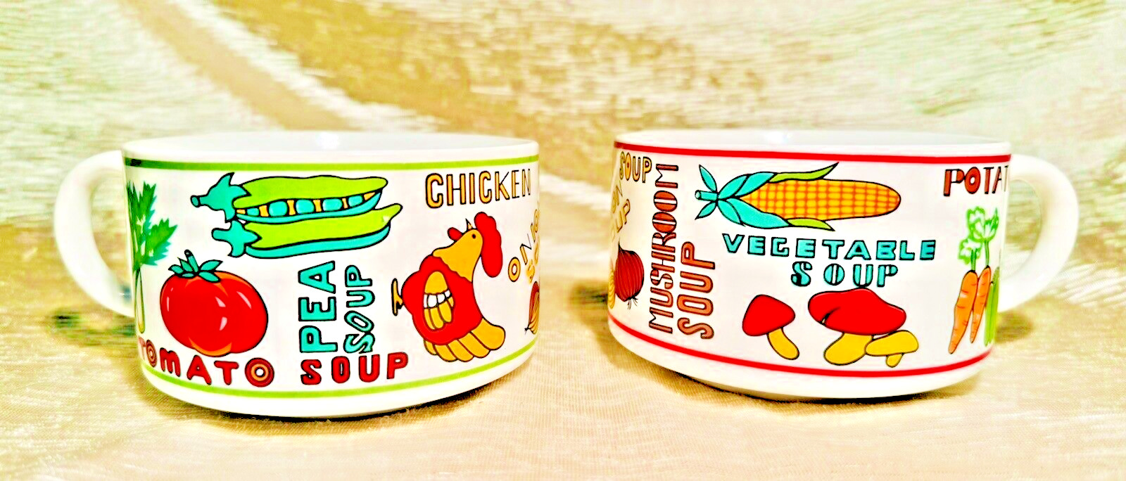 Vintage 1970s Set of 2 Soup Bowl/Mug With Vegetables Names of Various Soups MCM