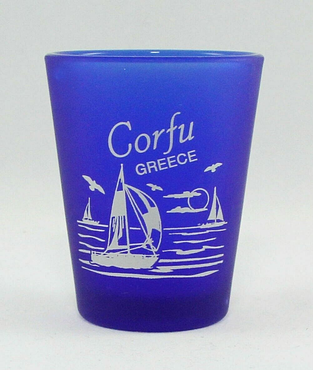CORFU GREECE COBALT BLUE FROSTED SHOT GLASS SHOTGLASS