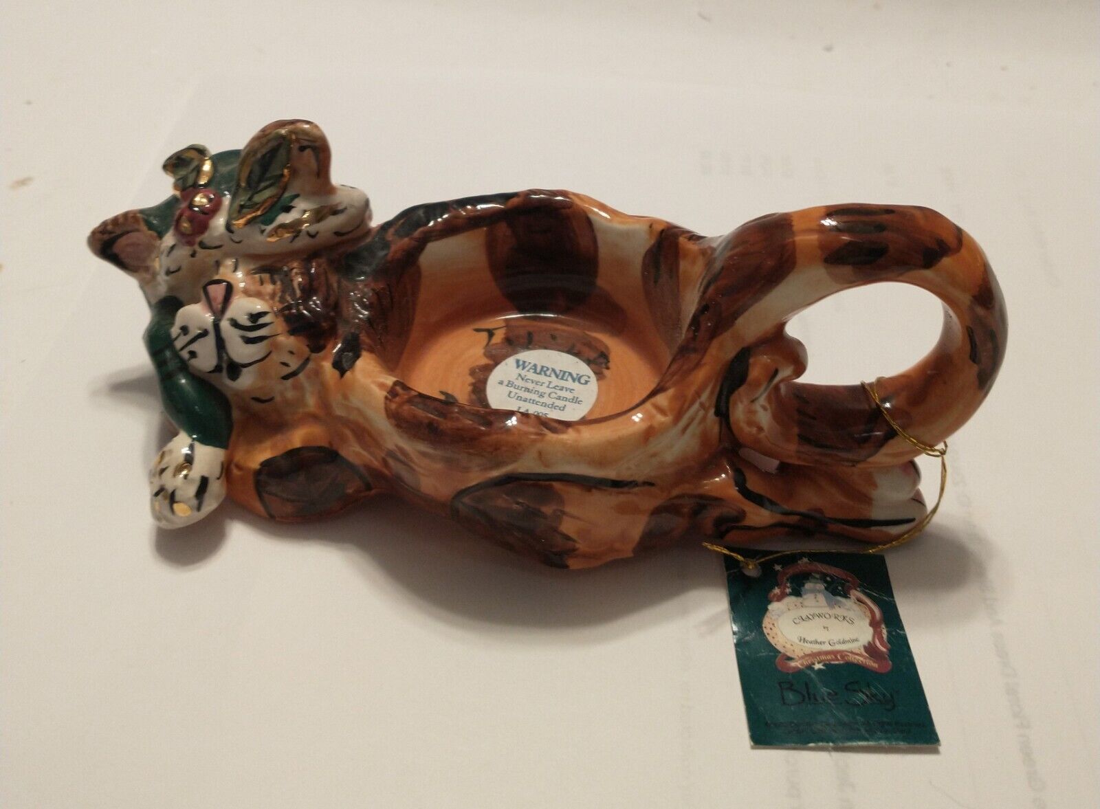 Vintage Blue Sky Christmas Tabby Cat Tea Light Candle With Tags .New Old Stock.