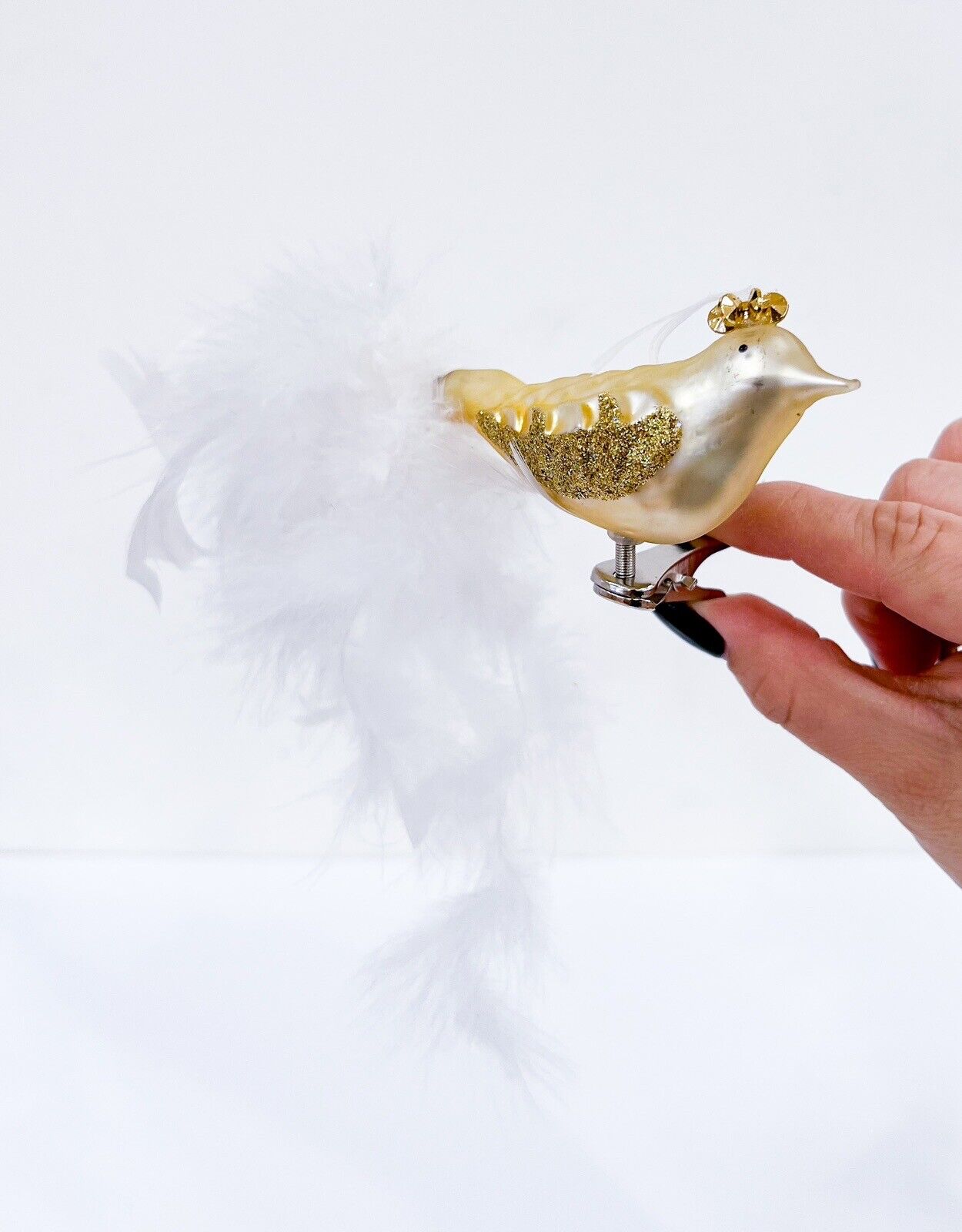 Vintage Unique Feathered Bird with Crown Glass Christmas Ornament