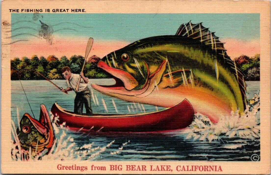 Big Bear Lake CA Greetings Exaggerated Fish Fisherman Canoe 1945 postcard IQ16