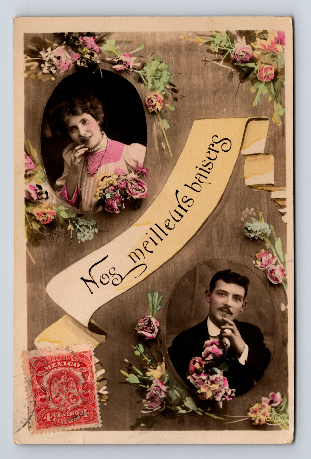 RPPC French Hand Colored Best Kisses Romance Man Woman Flowers Postcard