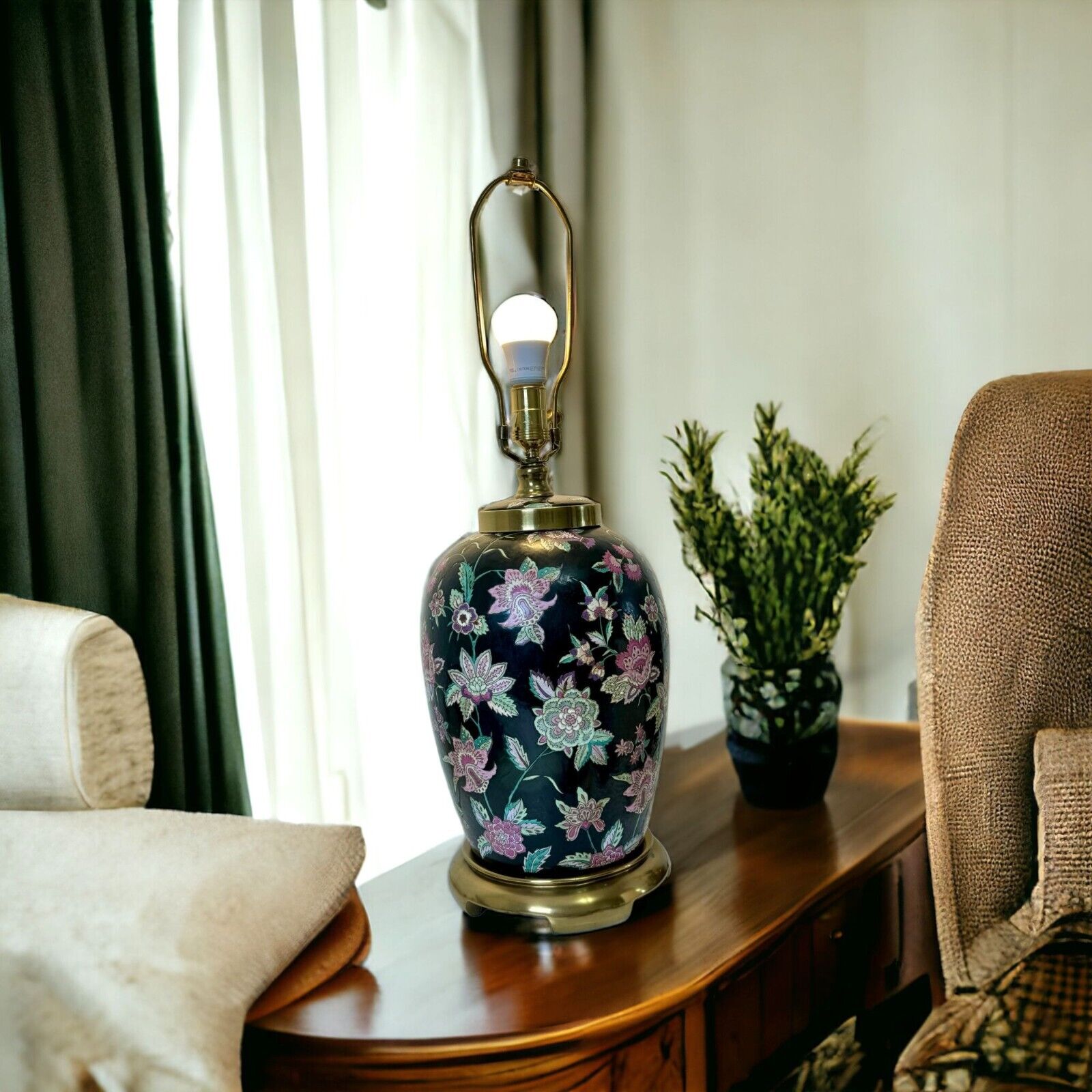 Vintage Poul Henningsen Chinoiserie Florals Porcelain Brass Table Lamp