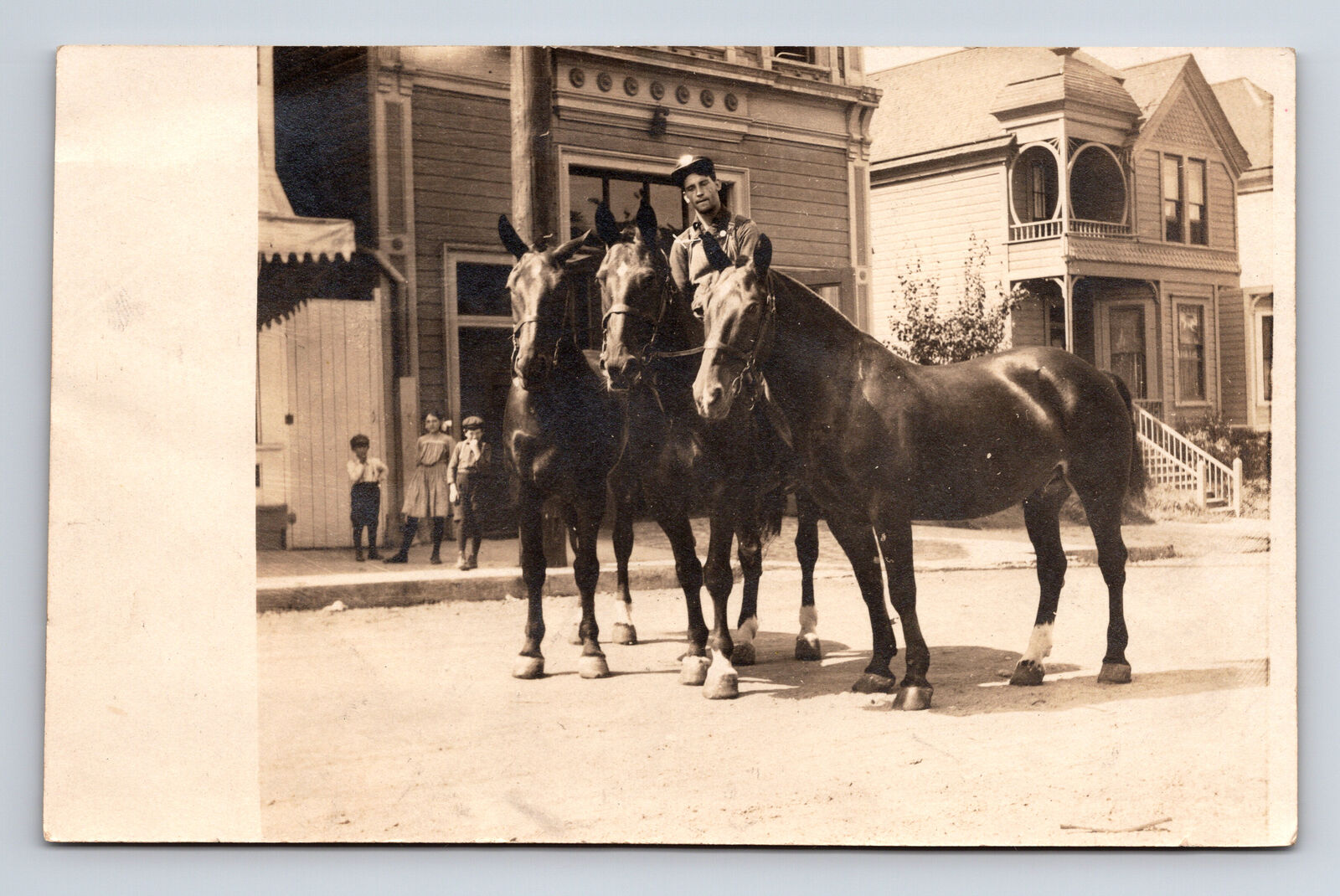 RPPC Young Man Three Horses Victorian Urban City Homes & Children Postcard