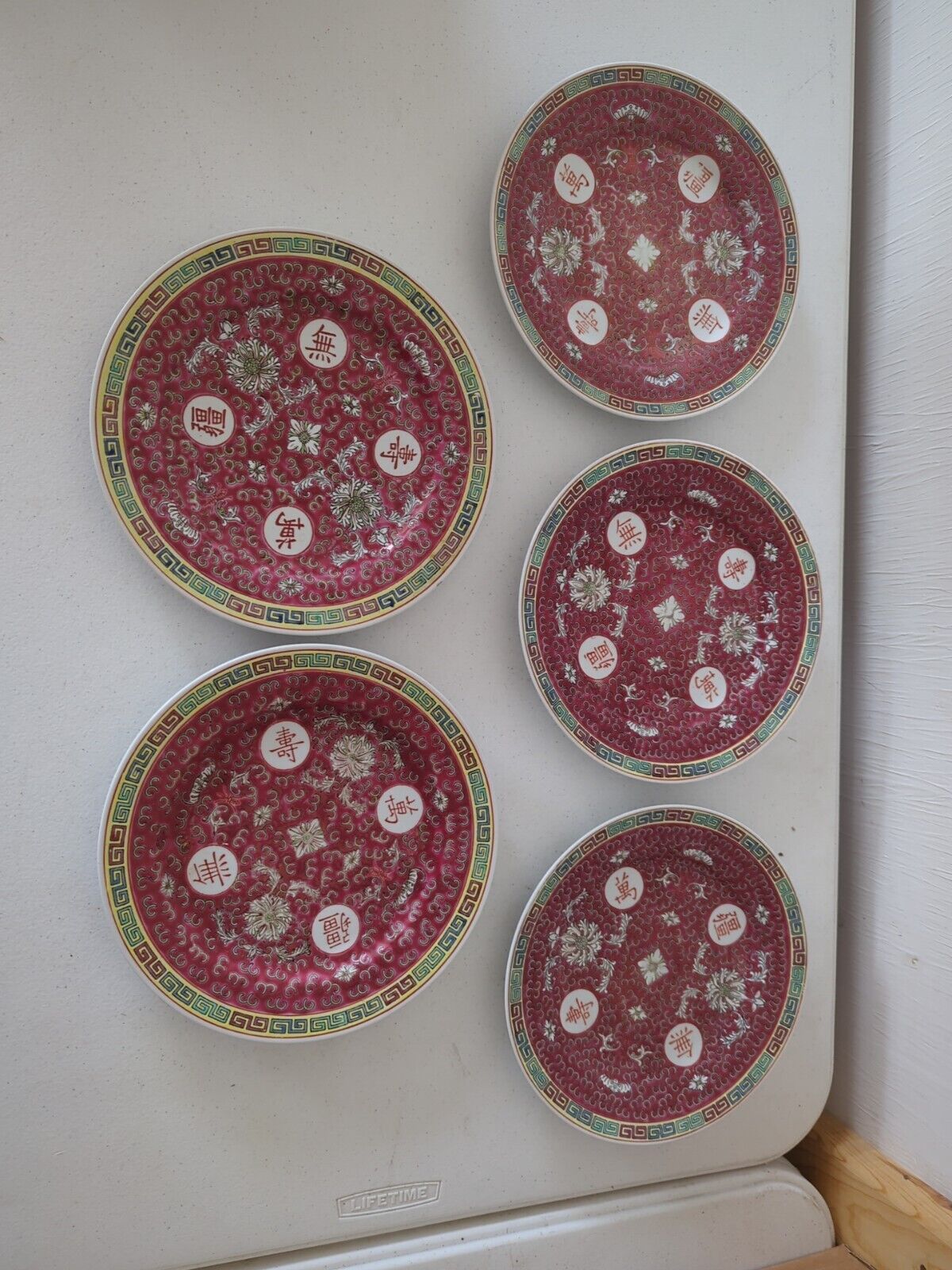 Lot Of 5 Vintage Chinese Mun Shou  Famille Rose Porcelain 10\