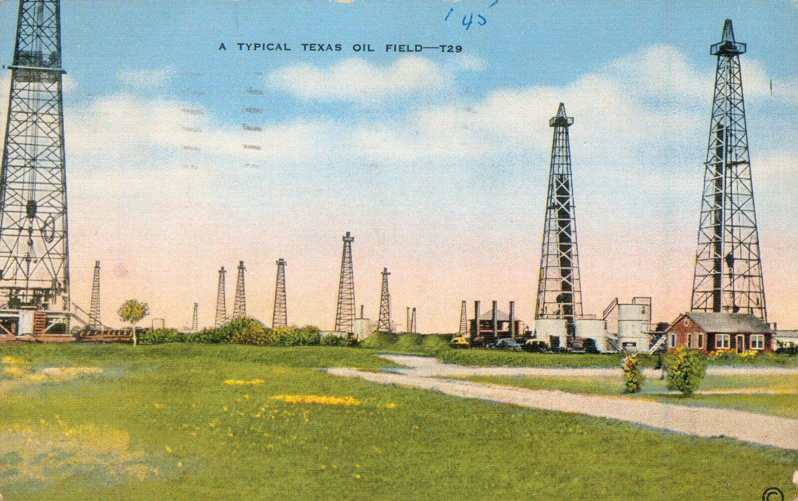 c1945 Vintage POSTCARD Typical Texas OIL FIELD Land DRILLING RIGS