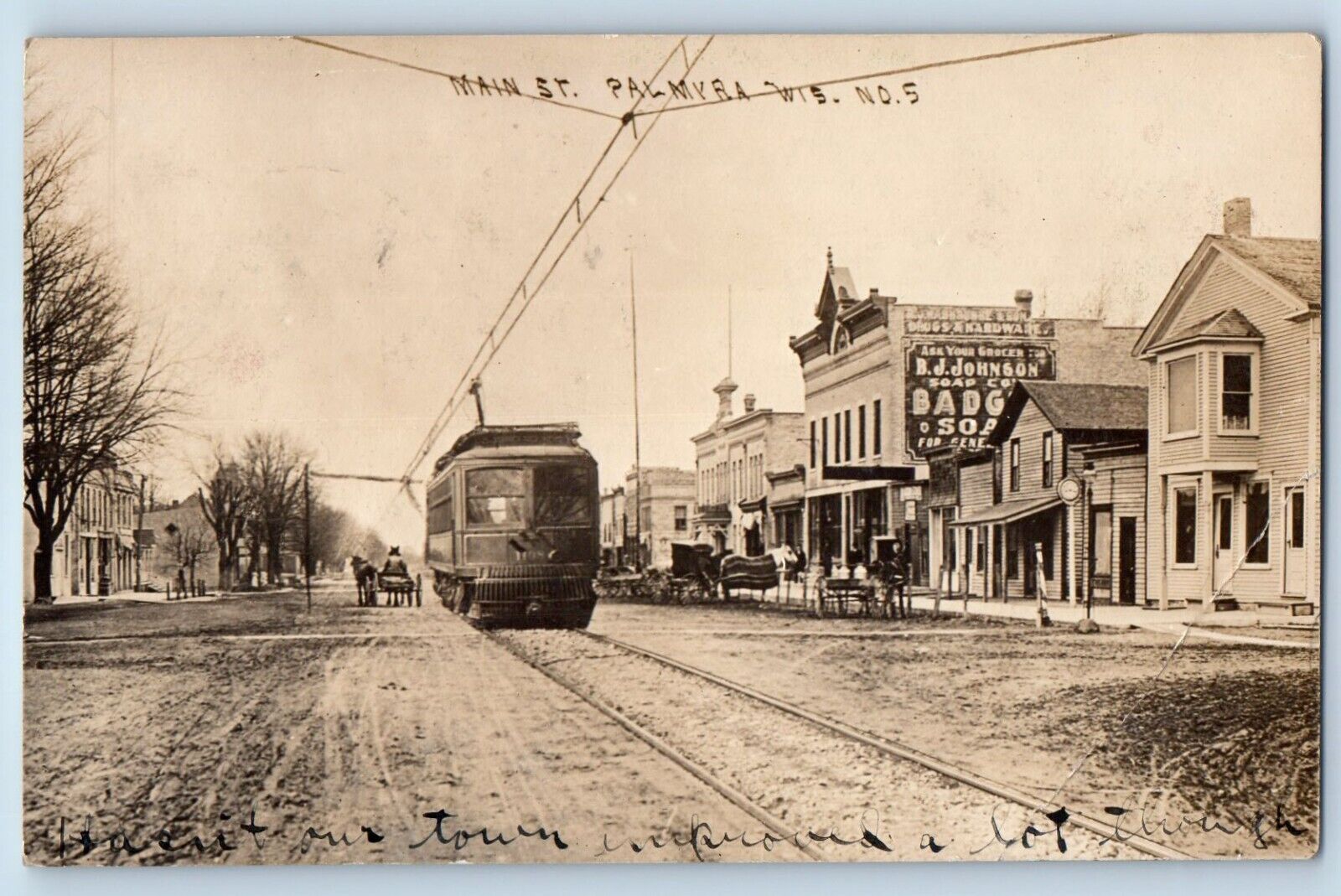 Palmyra Wisconsin WI Postcard RPPC Photo Main Street Trolley Slack Fantasy