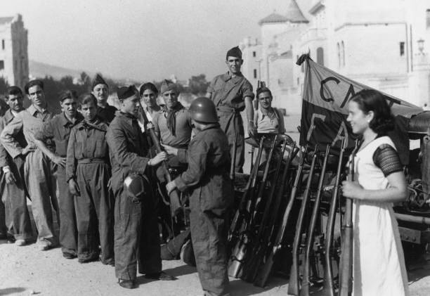 Anarchists CNT militia receiving rifles Barcelona during Spanish C- 1930s Photo