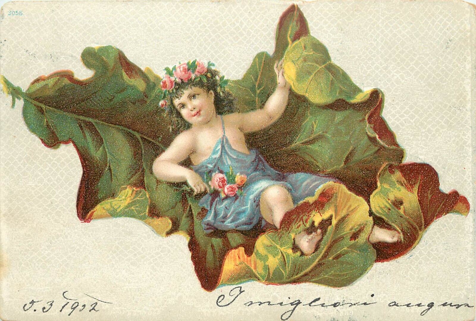 c1902 German Art Postcard 3058 Fairy/ Cupid/ Nature Spirit? Reclines in Oak Leaf