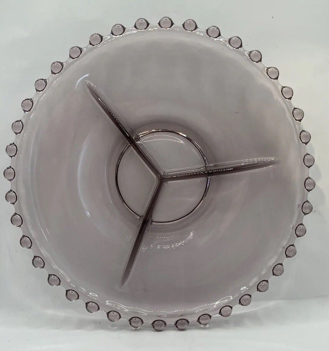 VTG Amethyst Glass 3-Section Beaded Edge Candlewick Granny Core Tidbit Dish