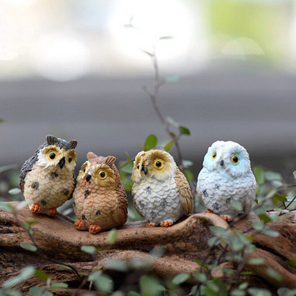 4Pcs Owl Figurine Miniature Animal Figure Tiny Bird Statue Resin Terrarium Decor